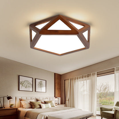 Traditional Chinese Solid Wood & Acrylic Hexagonal LED Flush Mount Ceiling Light For Bedroom