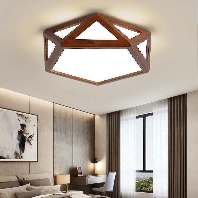 Traditional Chinese Solid Wood & Acrylic Hexagonal LED Flush Mount Ceiling Light For Bedroom
