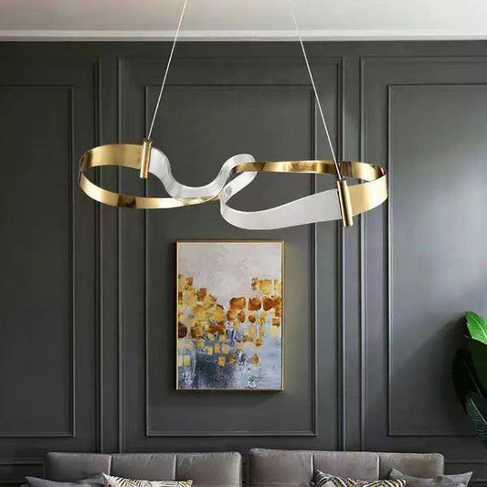 Contemporary Luxury Iron & Acrylic Irregular Wave Ring LED Island Light Chandelier For Dining Room
