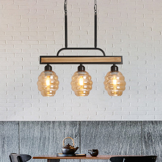 Contemporary Creative Iron Wood Glass Honey-Jar Shape 3/4-Light Island Light Chandelier For Dining Room