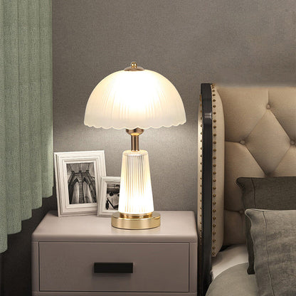 Modern Minimalist Metal Acrylic Glass Striped Cylinder Base Dome Flower 1-Light Table Lamp For Bedroom