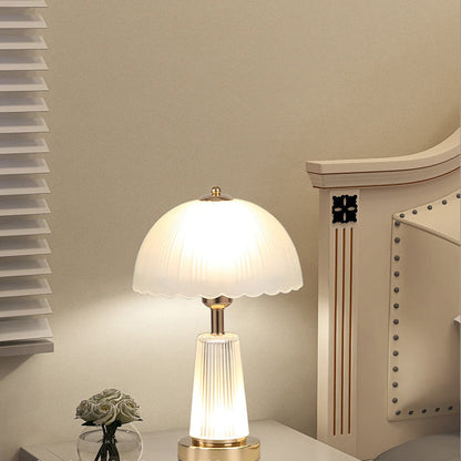 Modern Minimalist Metal Acrylic Glass Striped Cylinder Base Dome Flower 1-Light Table Lamp For Bedroom