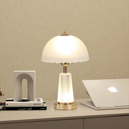 Modern Minimalist Metal Acrylic Glass Striped Cylinder Base Dome Flower 1-Light Table Lamp For Bedroom