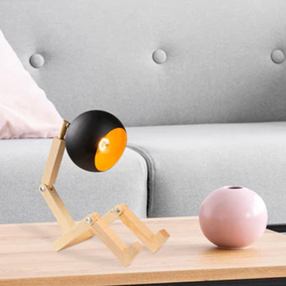 Contemporary Nordic Wood & Iron Wooden Man Round 1-Light Table Lamp For Bedroom