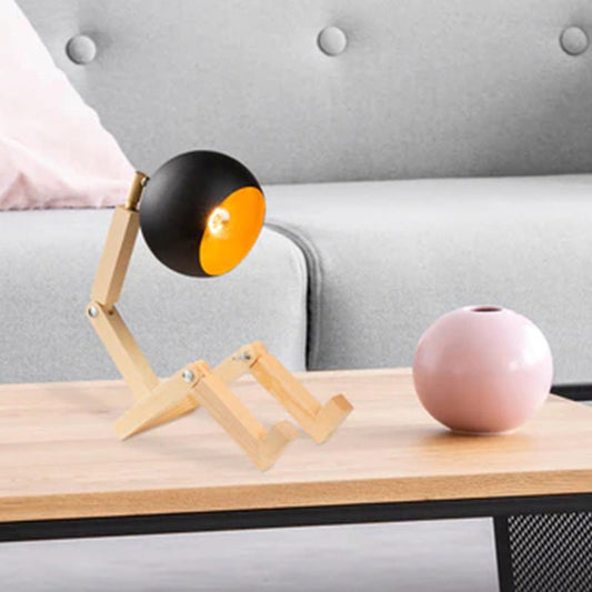Contemporary Nordic Wood & Iron Wooden Man Round 1-Light Table Lamp For Bedroom