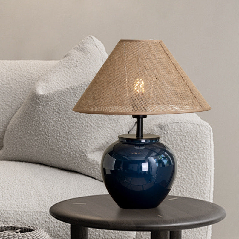 Contemporary Nordic Ceramic And Fabric Jar-Shaped 1-Light Table Lamp For Bedroom