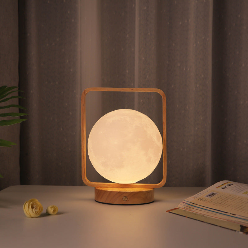 Modern Minimalist Rubberwood And Iron PVC Rectangular Frame 3D Printed Moon LED Table Lamp For Bedroom