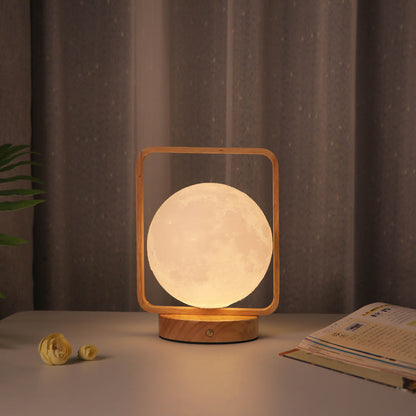 Modern Minimalist Rubberwood And Iron PVC Rectangular Frame 3D Printed Moon LED Table Lamp For Bedroom