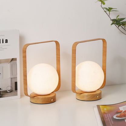 Modern Minimalist Rubberwood And Iron PVC Rectangular Frame 3D Printed Moon LED Table Lamp For Bedroom