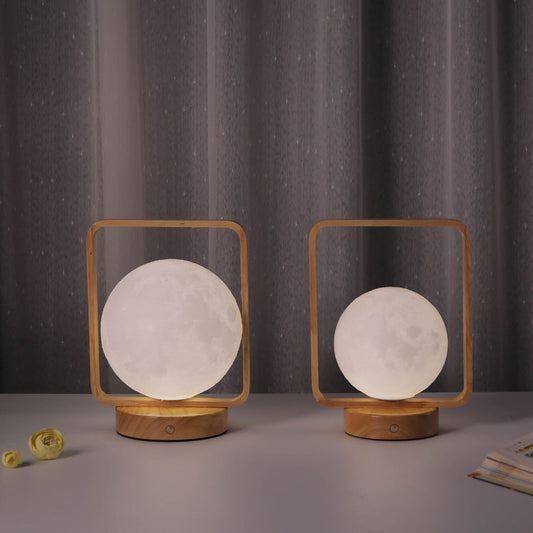 Modern Minimalist Rubberwood And Iron PVC Rectangular Frame 3D Printed Moon LED Table Lamp For Bedroom