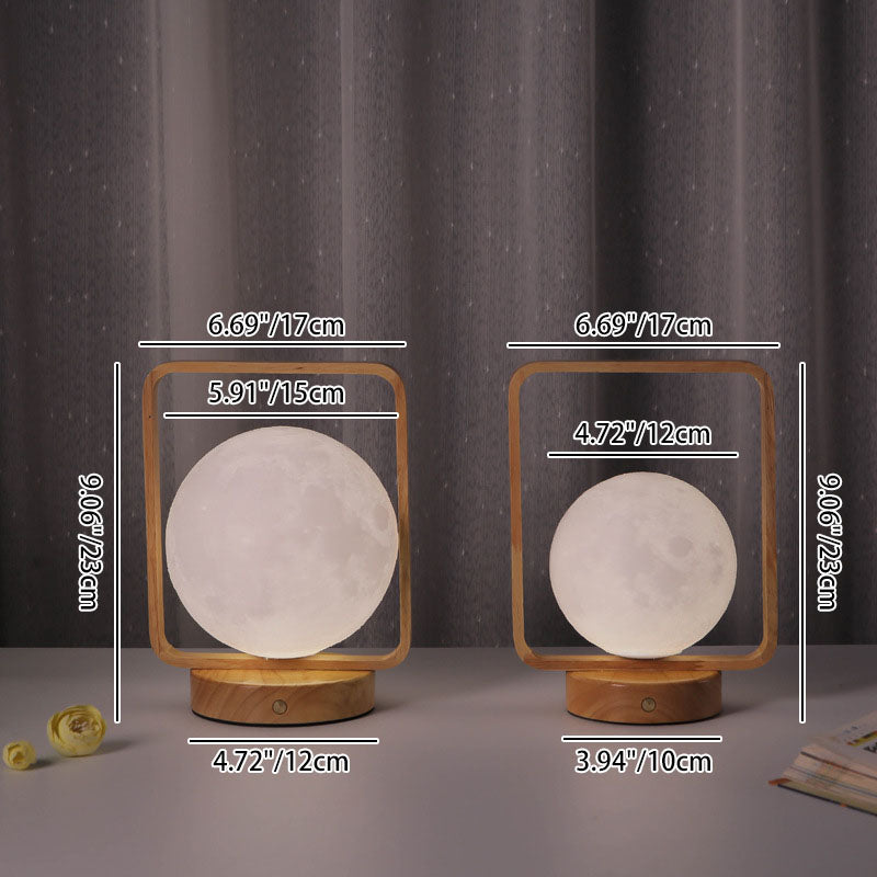 Modern Minimalist Rubberwood And Iron PVC Rectangular Frame 3D Printed Moon LED Table Lamp For Bedroom