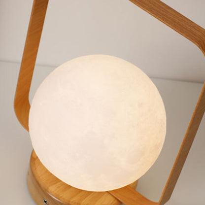 Modern Minimalist Rubberwood And Iron PVC Rectangular Frame 3D Printed Moon LED Table Lamp For Bedroom