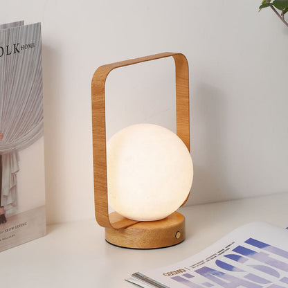 Modern Minimalist Rubberwood And Iron PVC Rectangular Frame 3D Printed Moon LED Table Lamp For Bedroom