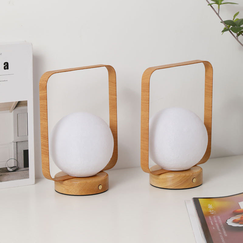 Modern Minimalist Rubberwood And Iron PVC Rectangular Frame 3D Printed Moon LED Table Lamp For Bedroom