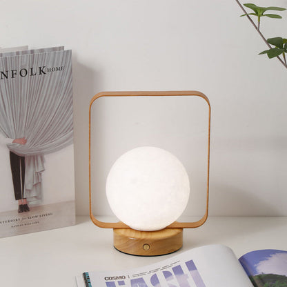 Modern Minimalist Rubberwood And Iron PVC Rectangular Frame 3D Printed Moon LED Table Lamp For Bedroom