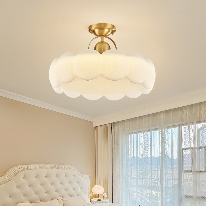 Modern Mid-Century Copper Stainless Steel Acrylic Creamy Round Floral LED Semi-Flush Mount Light For Living Room