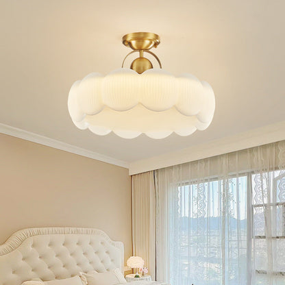 Modern Mid-Century Copper Stainless Steel Acrylic Creamy Round Floral LED Semi-Flush Mount Light For Living Room