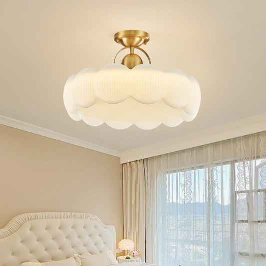 Modern Mid-Century Copper Stainless Steel Acrylic Creamy Round Floral LED Semi-Flush Mount Light For Living Room