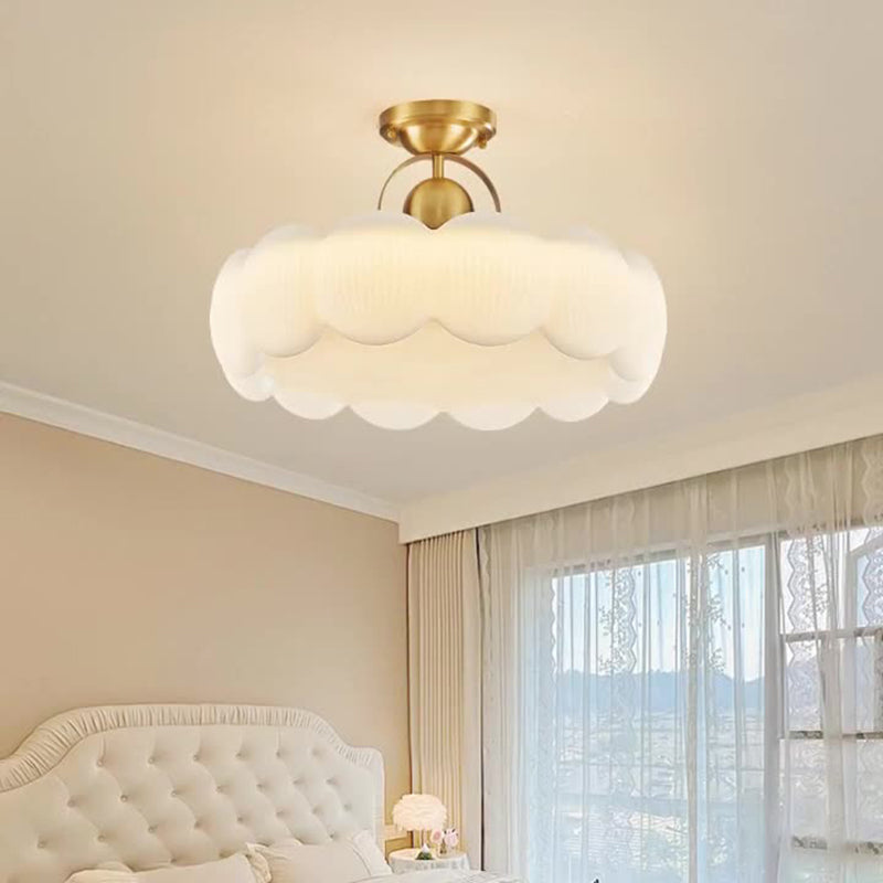 Modern Mid-Century Copper Stainless Steel Acrylic Creamy Round Floral LED Semi-Flush Mount Light For Living Room