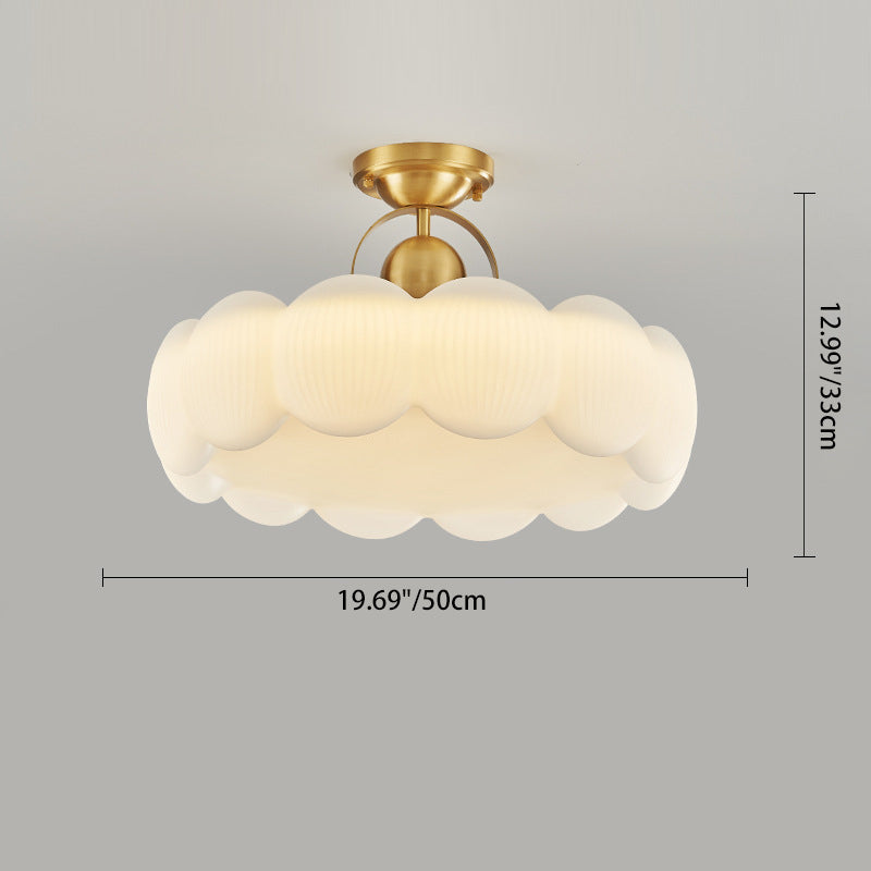 Modern Mid-Century Copper Stainless Steel Acrylic Creamy Round Floral LED Semi-Flush Mount Light For Living Room