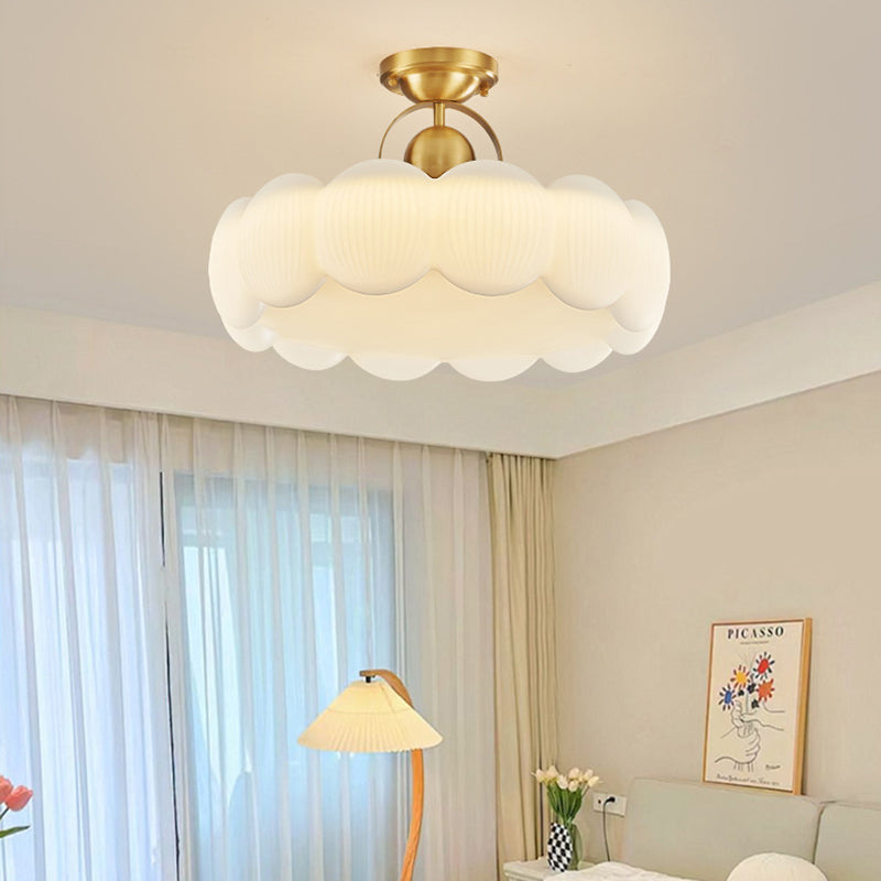 Modern Mid-Century Copper Stainless Steel Acrylic Creamy Round Floral LED Semi-Flush Mount Light For Living Room