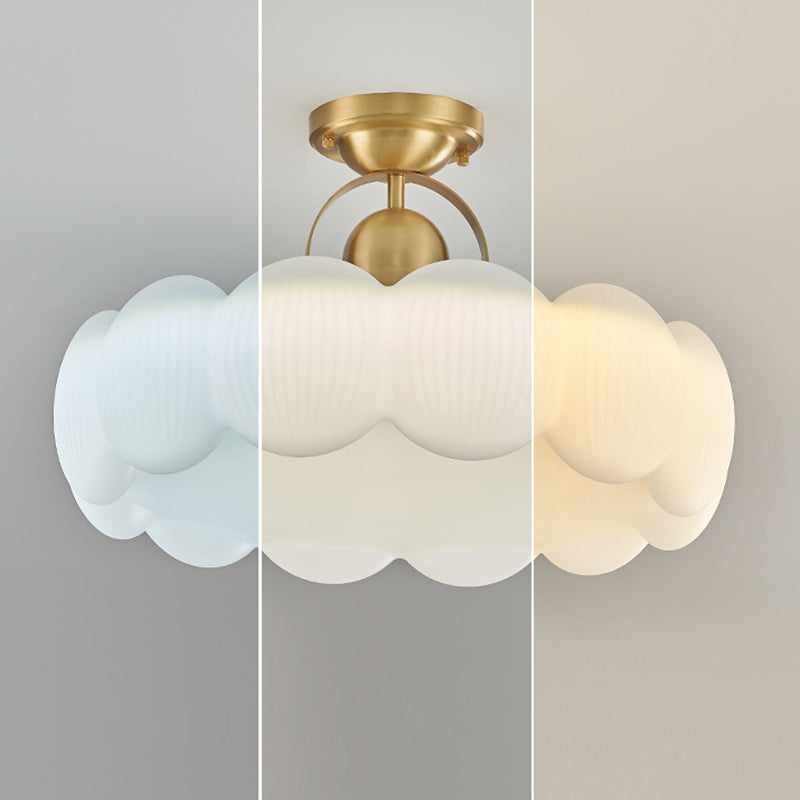 Modern Mid-Century Copper Stainless Steel Acrylic Creamy Round Floral LED Semi-Flush Mount Light For Living Room