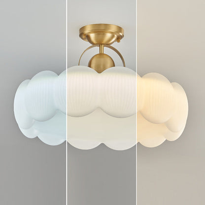 Modern Mid-Century Copper Stainless Steel Acrylic Creamy Round Floral LED Semi-Flush Mount Light For Living Room