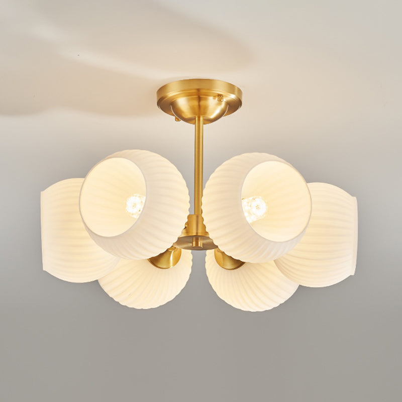 Modern Minimalist All-Copper Glass Striped Globe Shade 4/6-Light Semi-Flush Mount Light For Living Room