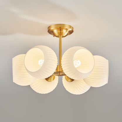 Modern Minimalist All-Copper Glass Striped Globe Shade 4/6-Light Semi-Flush Mount Light For Living Room