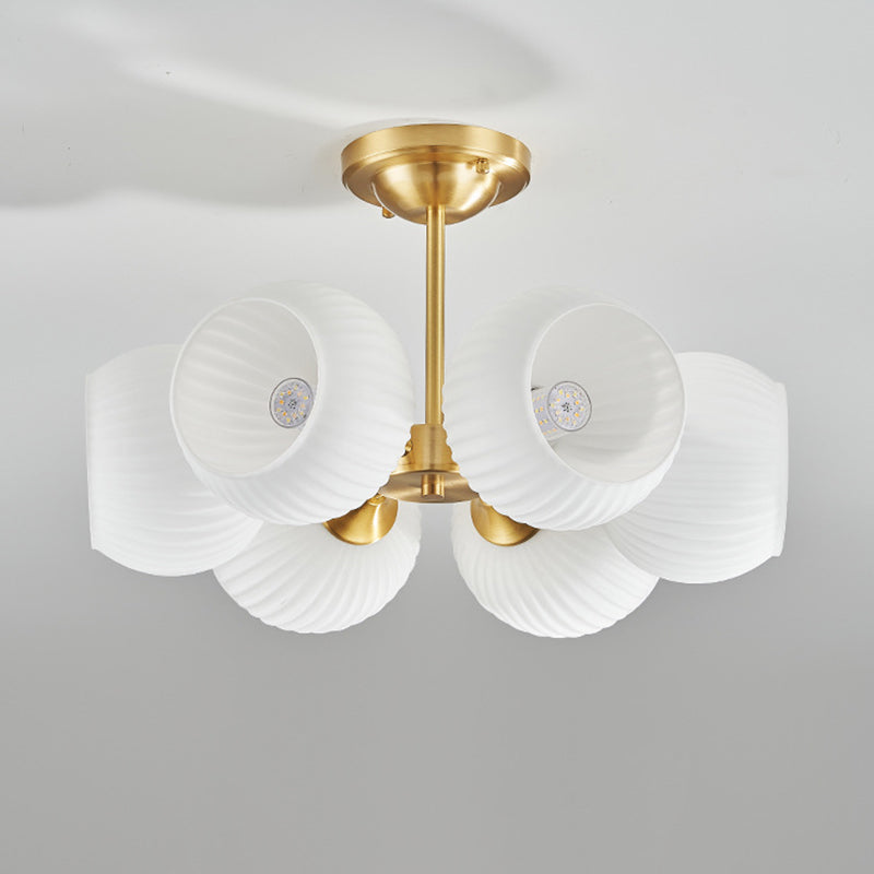 Modern Minimalist All-Copper Glass Striped Globe Shade 4/6-Light Semi-Flush Mount Light For Living Room