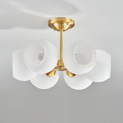 Modern Minimalist All-Copper Glass Striped Globe Shade 4/6-Light Semi-Flush Mount Light For Living Room