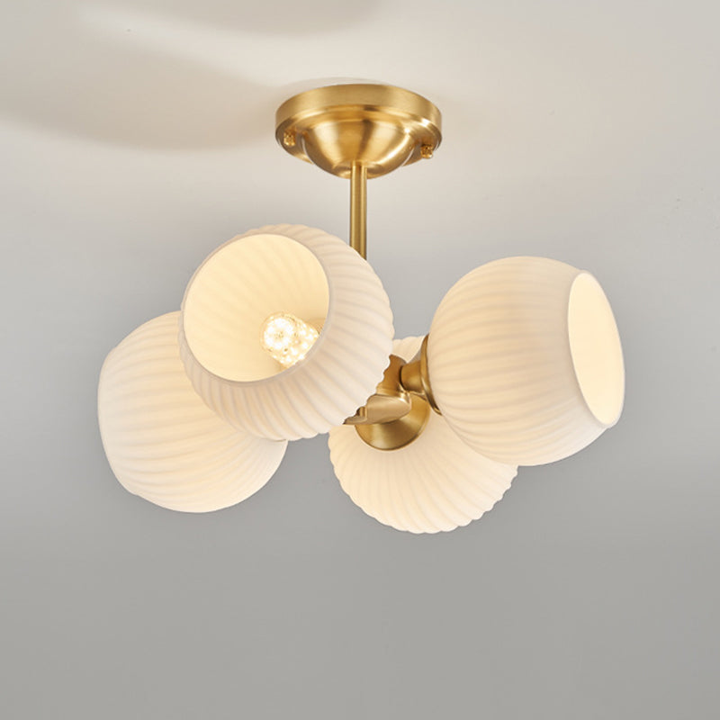 Modern Minimalist All-Copper Glass Striped Globe Shade 4/6-Light Semi-Flush Mount Light For Living Room