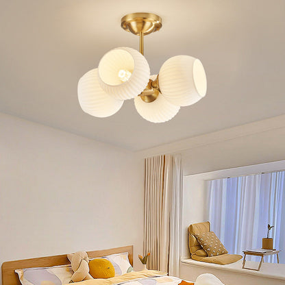 Modern Minimalist All-Copper Glass Striped Globe Shade 4/6-Light Semi-Flush Mount Light For Living Room