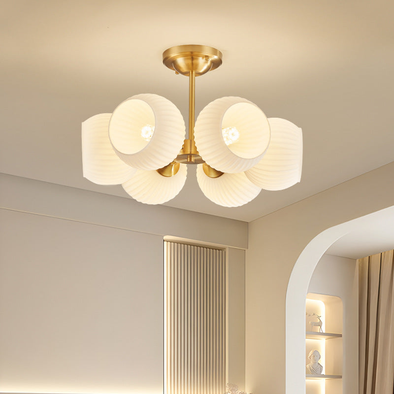 Modern Minimalist All-Copper Glass Striped Globe Shade 4/6-Light Semi-Flush Mount Light For Living Room