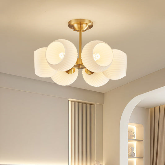 Modern Minimalist All-Copper Glass Striped Globe Shade 4/6-Light Semi-Flush Mount Light For Living Room