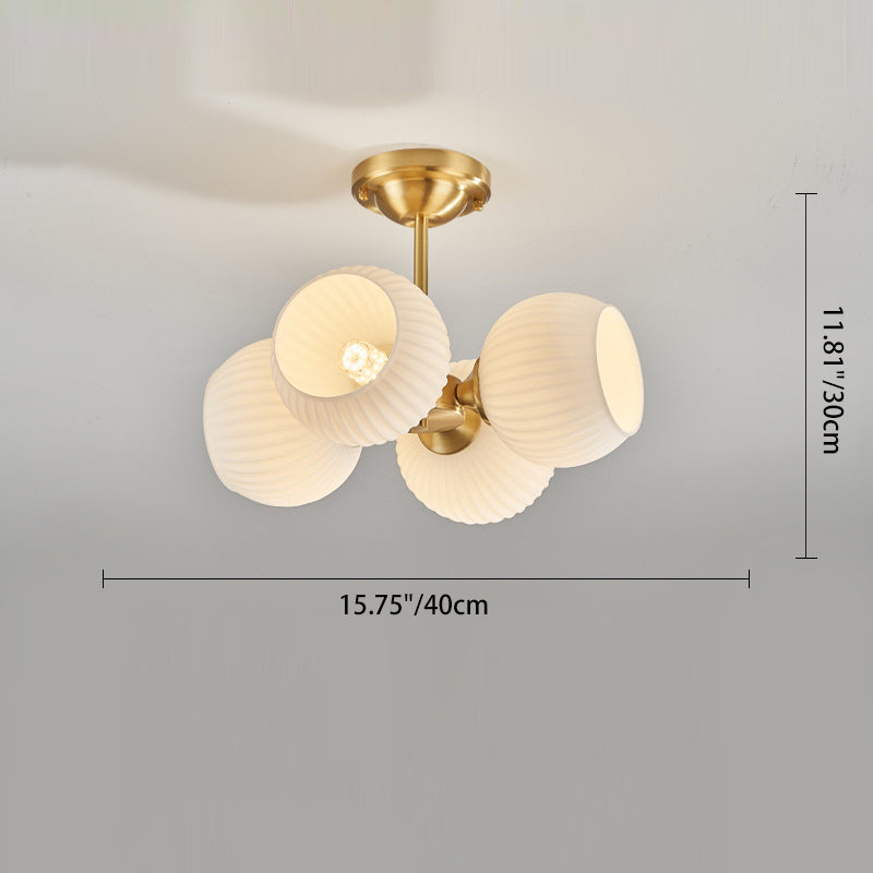 Modern Minimalist All-Copper Glass Striped Globe Shade 4/6-Light Semi-Flush Mount Light For Living Room