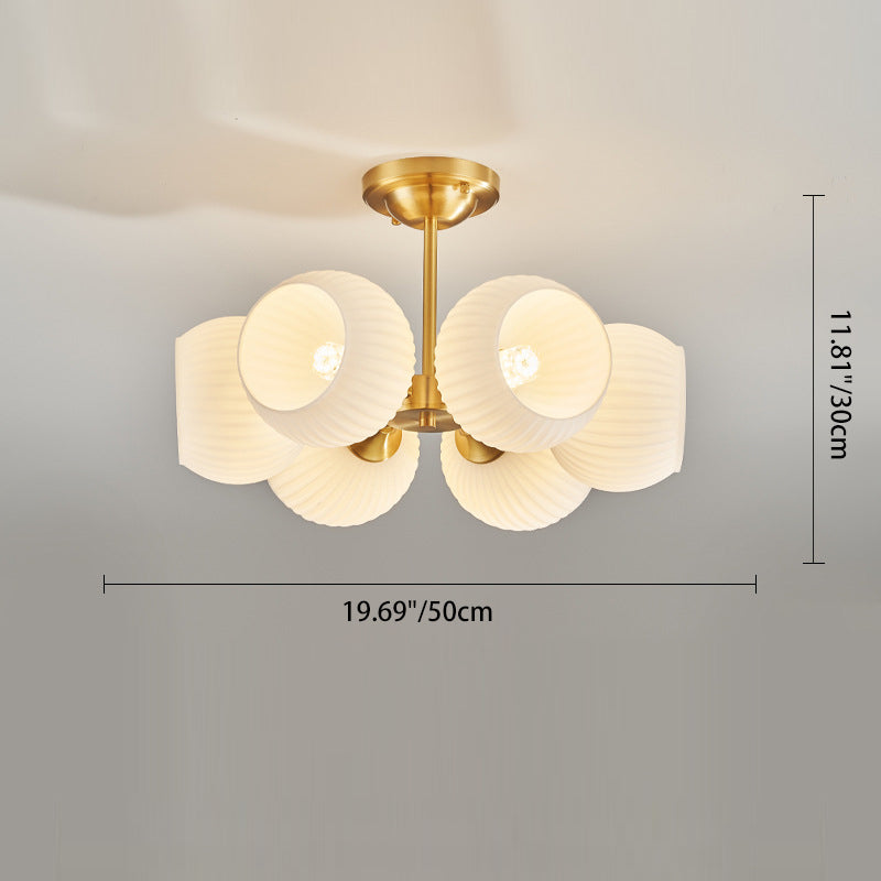Modern Minimalist All-Copper Glass Striped Globe Shade 4/6-Light Semi-Flush Mount Light For Living Room