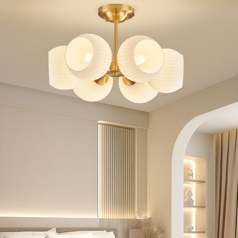 Modern Minimalist All-Copper Glass Striped Globe Shade 4/6-Light Semi-Flush Mount Light For Living Room