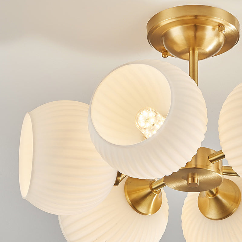 Modern Minimalist All-Copper Glass Striped Globe Shade 4/6-Light Semi-Flush Mount Light For Living Room