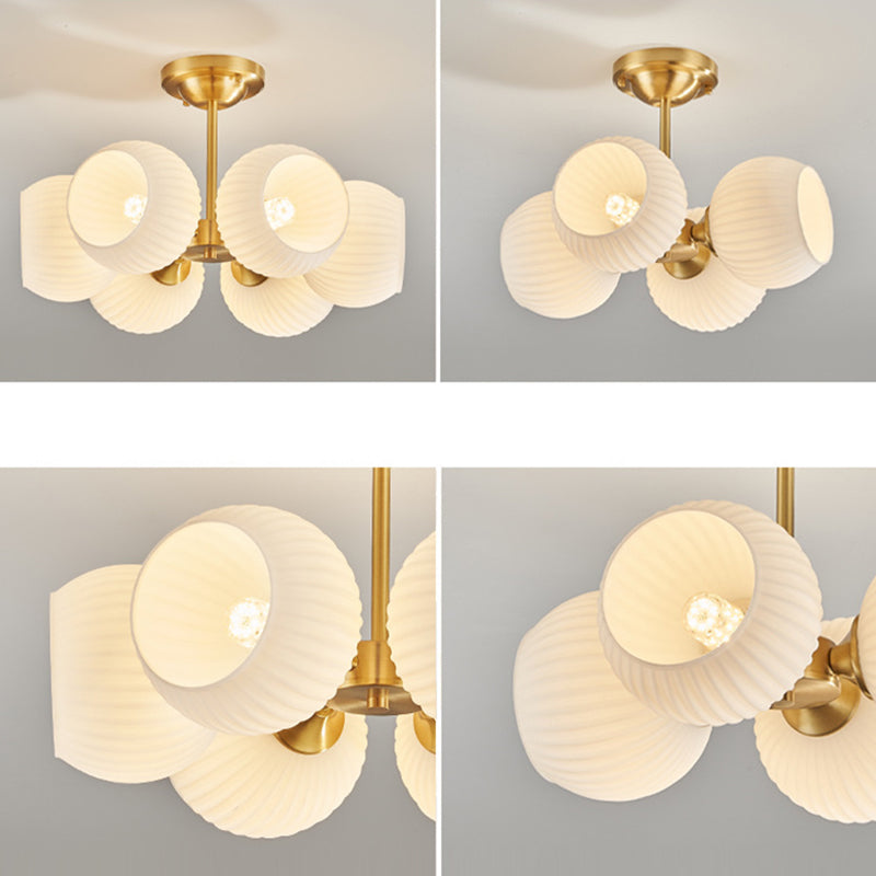 Modern Minimalist All-Copper Glass Striped Globe Shade 4/6-Light Semi-Flush Mount Light For Living Room