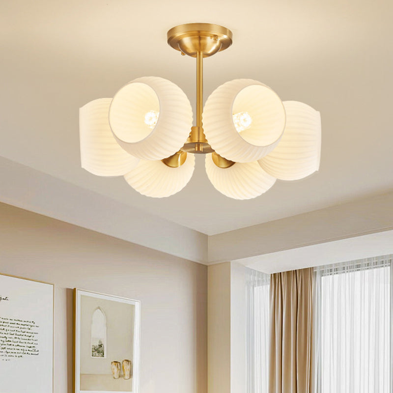 Modern Minimalist All-Copper Glass Striped Globe Shade 4/6-Light Semi-Flush Mount Light For Living Room