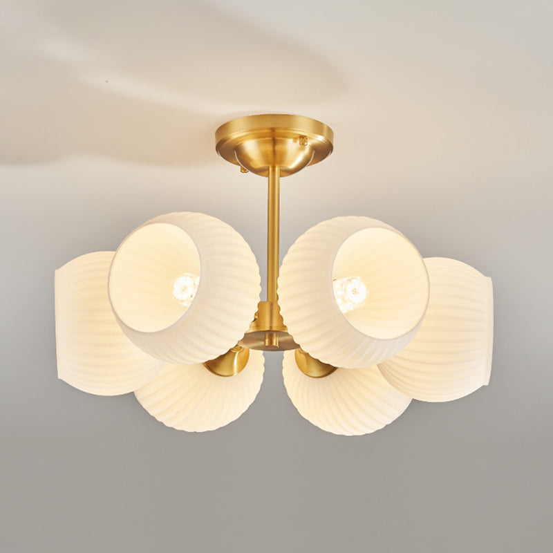 Modern Minimalist All-Copper Glass Striped Globe Shade 4/6-Light Semi-Flush Mount Light For Living Room