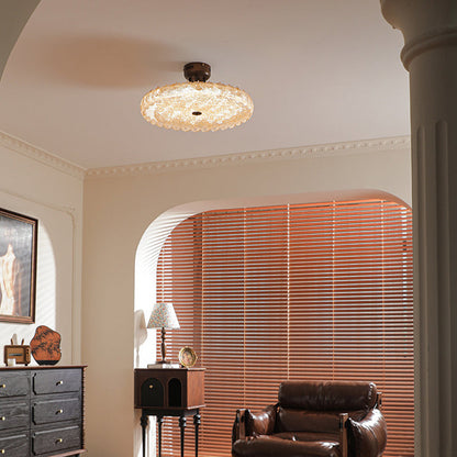 Modern Mid-Century Iron And Resin Round Leaf Texture LED Semi-Flush Mount Light For Living Room