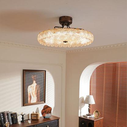 Modern Mid-Century Iron And Resin Round Leaf Texture LED Semi-Flush Mount Light For Living Room