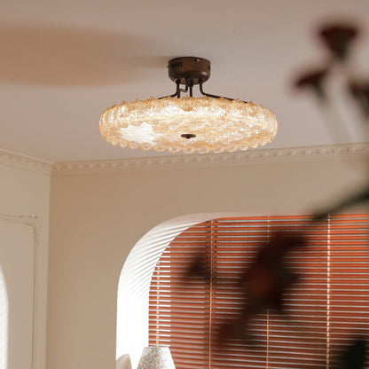 Modern Mid-Century Iron And Resin Round Leaf Texture LED Semi-Flush Mount Light For Living Room