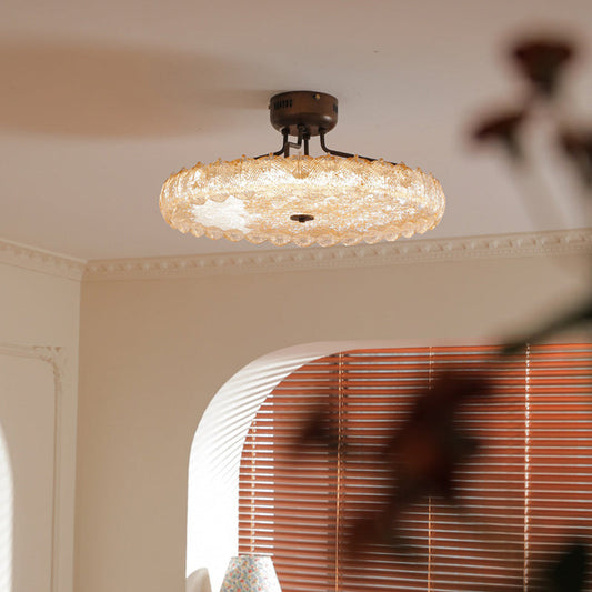 Modern Mid-Century Iron And Resin Round Leaf Texture LED Semi-Flush Mount Light For Living Room