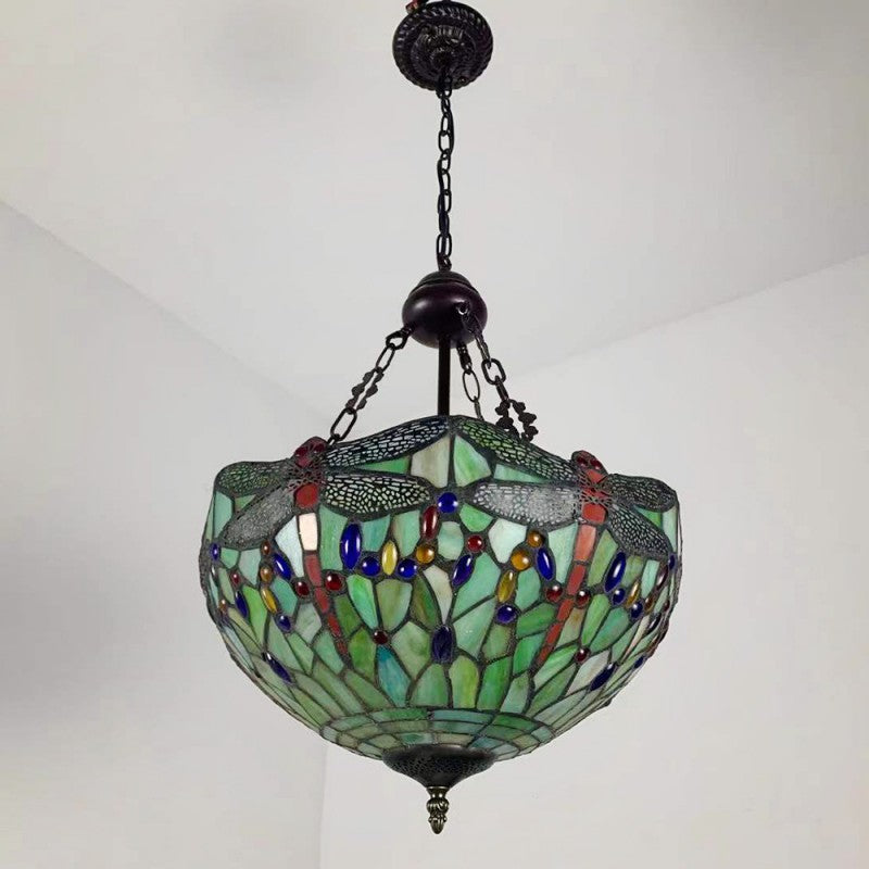Traditional Tiffany Alloy & Stained Glass Dragonfly Dome 3-Light Chandelier For Living Room