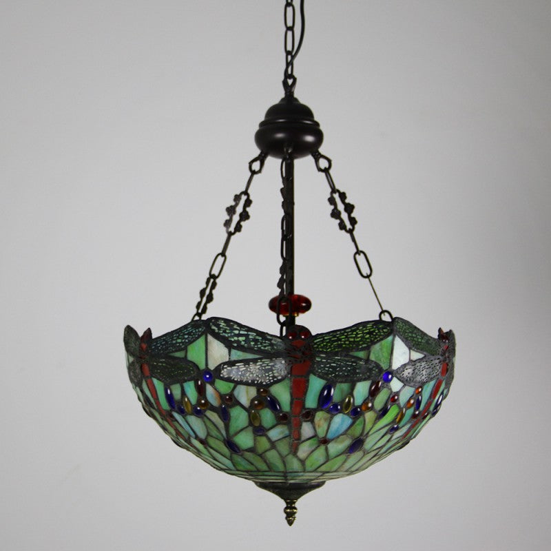 Traditional Tiffany Alloy & Stained Glass Dragonfly Dome 3-Light Chandelier For Living Room