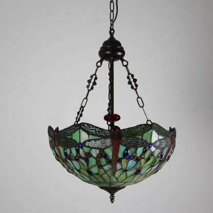 Traditional Tiffany Alloy & Stained Glass Dragonfly Dome 3-Light Chandelier For Living Room