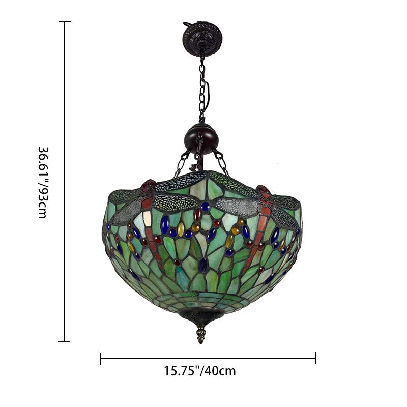 Traditional Tiffany Alloy & Stained Glass Dragonfly Dome 3-Light Chandelier For Living Room